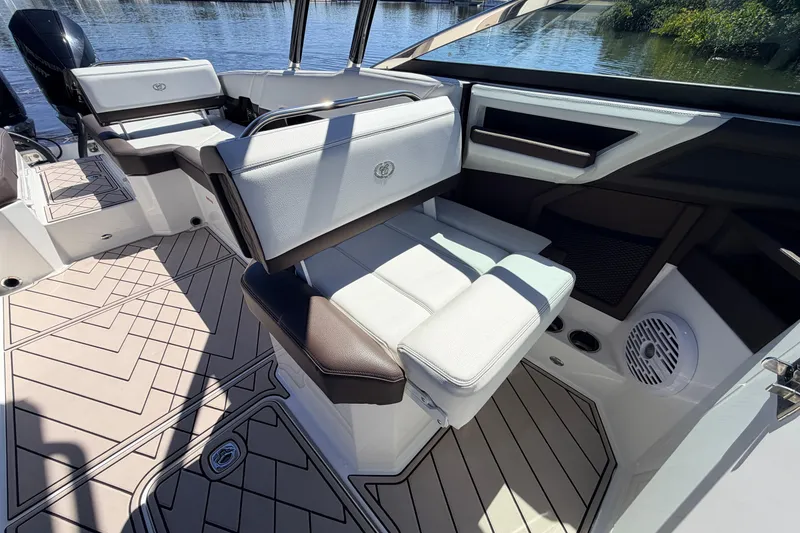 Slide: The Image of 2022 Cobalt R8 Outboard boat interior with luxurious seating and modern design. - 12