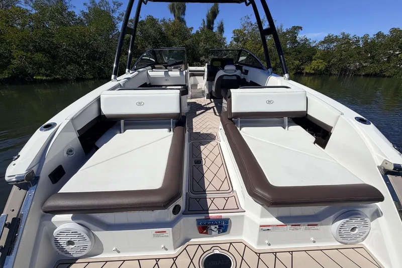 Slide: The Image of 2022 Cobalt R8 Outboard boat interior with seating and sleek design. - 16