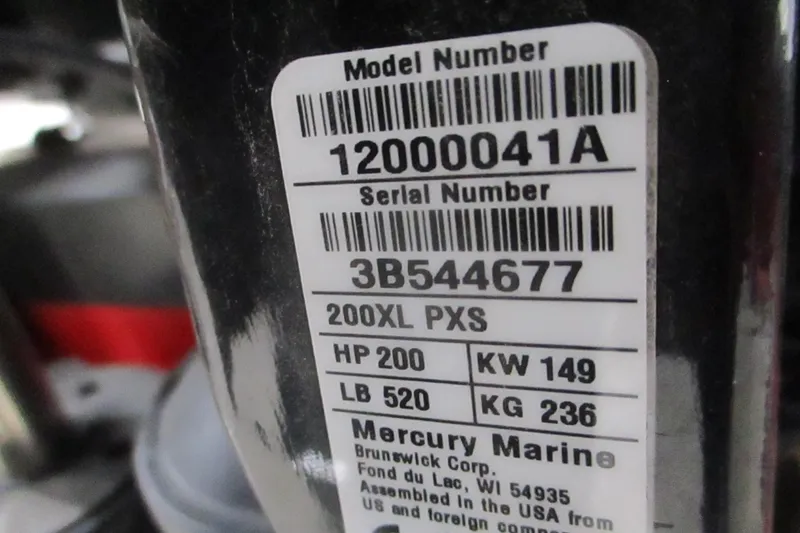 Slide: The Image of Label on Mercury Marine engine, model 200XL PXS, 200 HP, for 2025 Tahoe 210 S. - 9