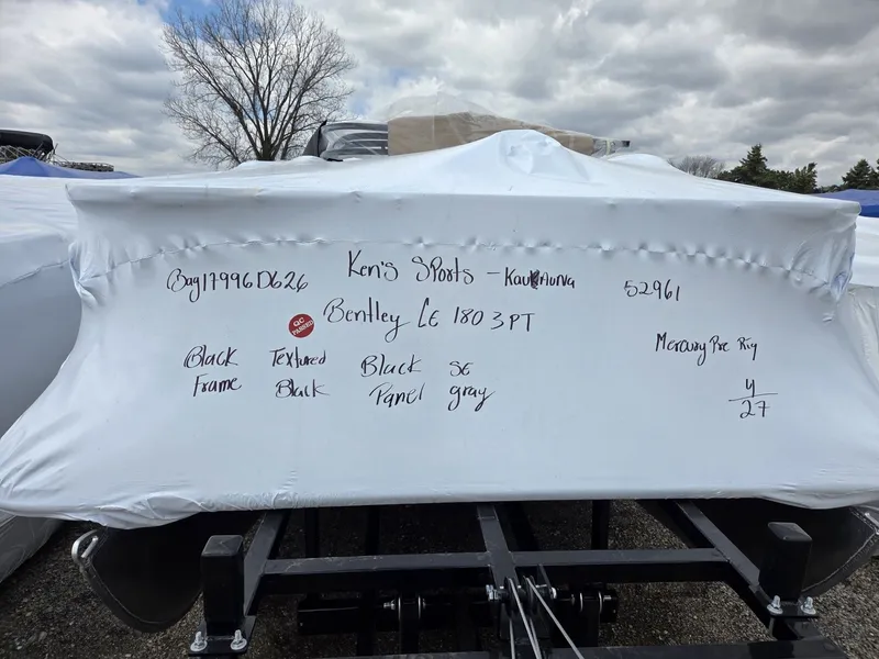 Slide: The Image of 2026 Bentley Pontoons LE 180 3-Point covered with handwritten details. - 2