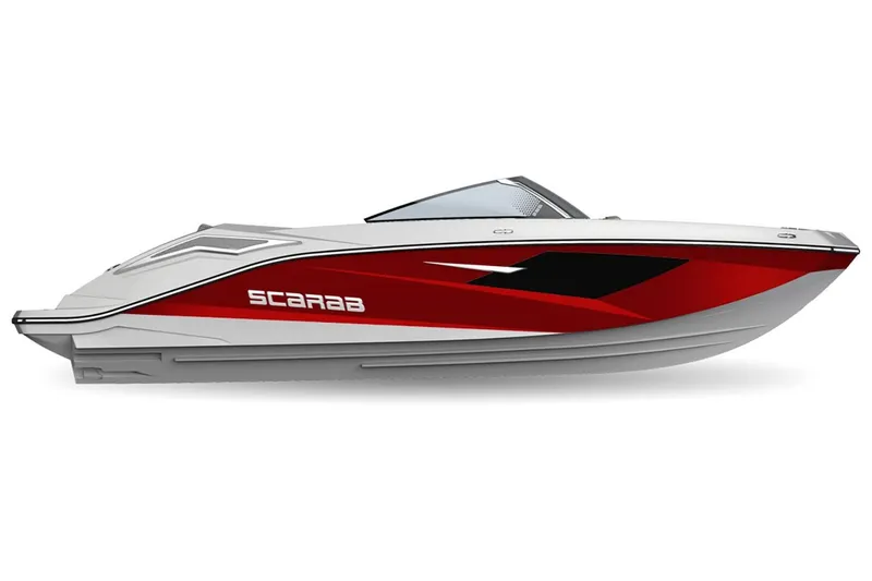 Slide: The Image of 2023 Scarab 285 ID boat, red and white design, side view. - 40