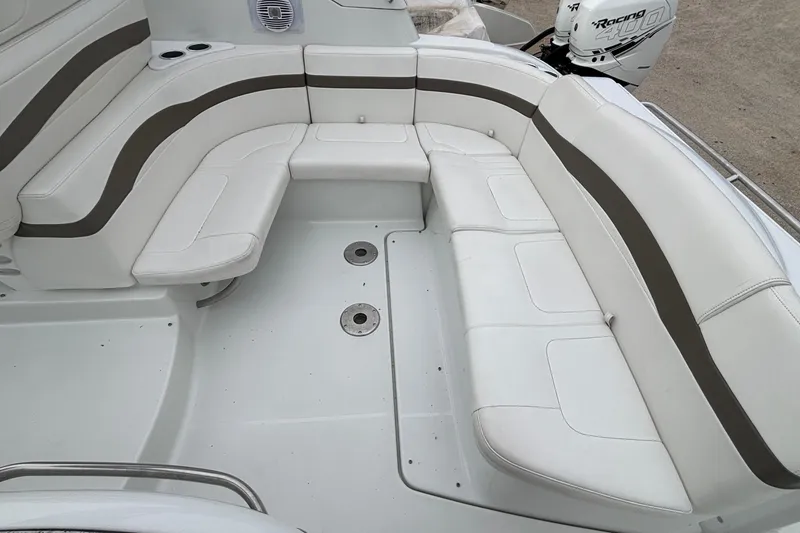 Slide: The Image of 2005 Formula 31 Performance Cruiser interior with white seating and brown accents. - 15