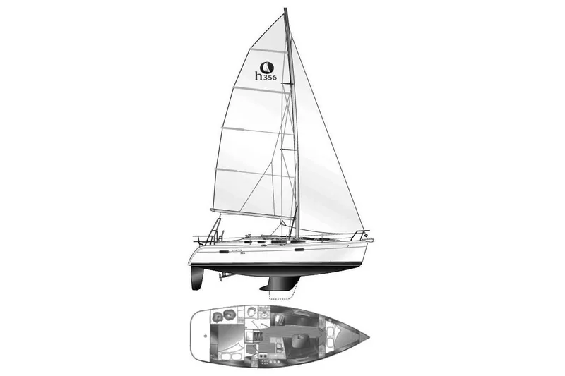 Slide: The Image of 2003 Hunter 356 sailboat with detailed interior layout and sail design. - 38
