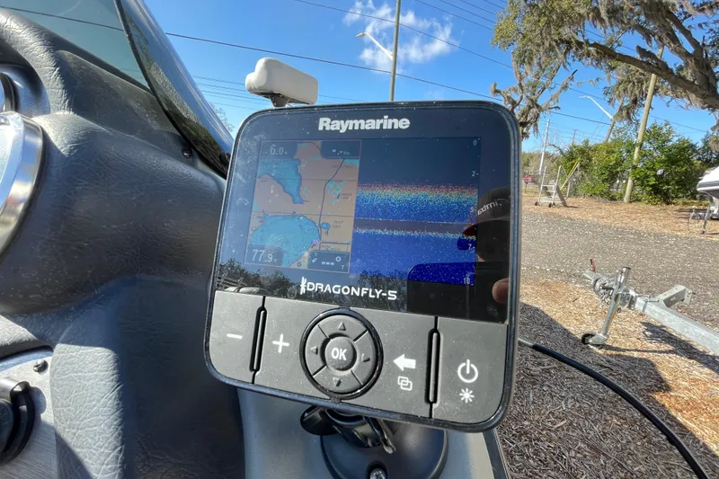 Slide: The Image of Raymarine Dragonfly-5 fishfinder on 2015 Tracker Pro Team 190 TX boat dashboard. - 11