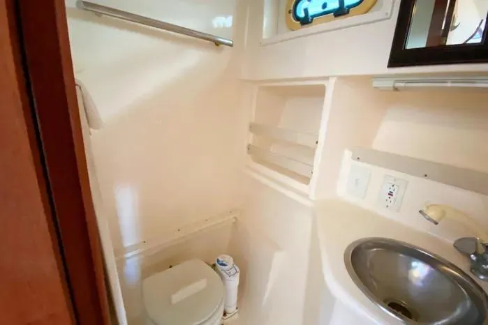 Slide: The Image of Compact bathroom in a 2001 Pursuit 3000 Offshore boat, featuring a toilet and sink. - 42