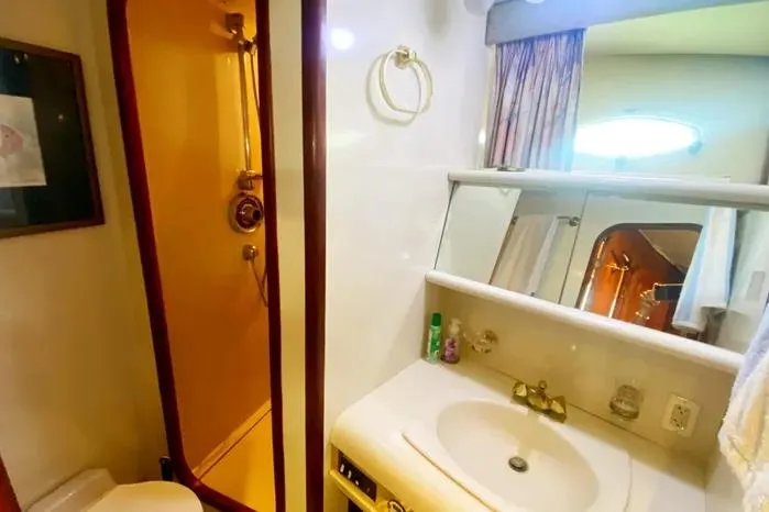 Slide: The Image of Bathroom interior of a 1990 Viking Motor Yacht with shower and sink. - 43