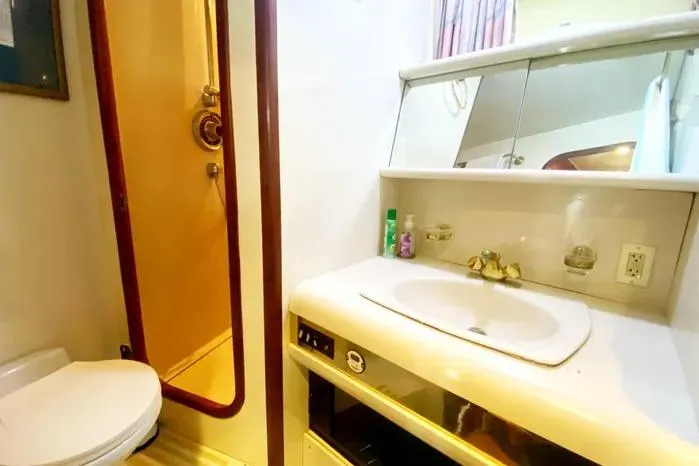 Slide: The Image of Bathroom interior of 1990 Viking Motor Yacht with sink, mirror, and shower. - 44