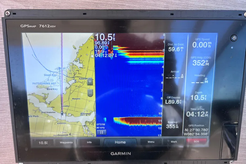 Slide: The Image of Garmin GPS display on 2017 World Cat Glacier Bay Edition 2740, showing navigation and sonar data. - 35
