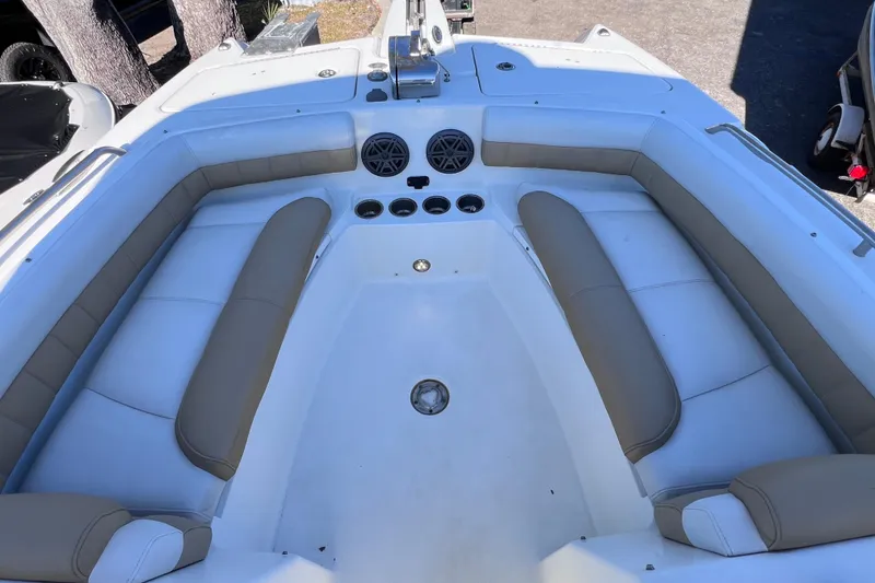 Slide: The Image of 2017 World Cat Glacier Bay Edition 2740 Dual Console boat interior with cushioned seating. - 40