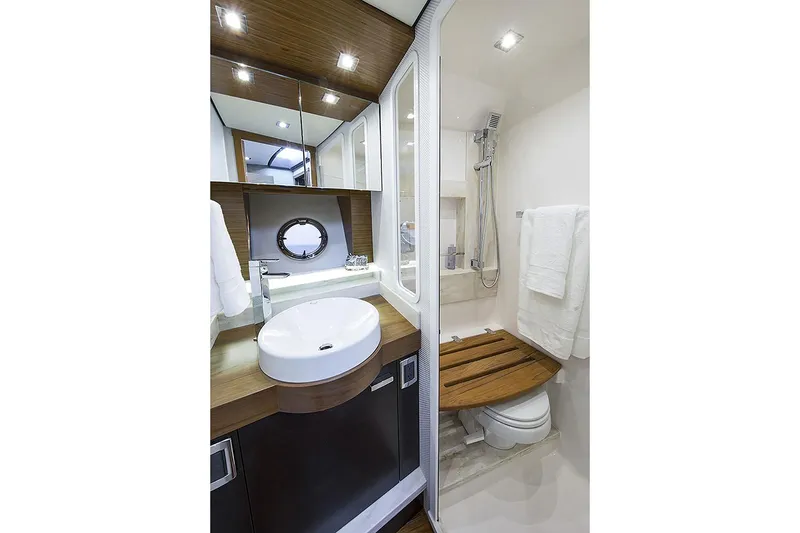 Slide: The Image of Manufacturer Provided Image: Modern bathroom in 2020 Tiara Yachts F44 Flybridge with shower and sink. - 42