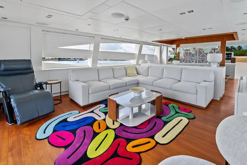 Slide: The Image of Luxurious interior of 2013 AB 116 Motoryacht with modern decor and colorful rug. - 30
