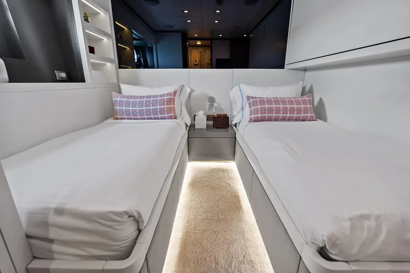 Slide: The Image of Luxurious twin cabin interior on 2013 AB 116 Motoryacht, featuring modern design and ambient lighting. - 70