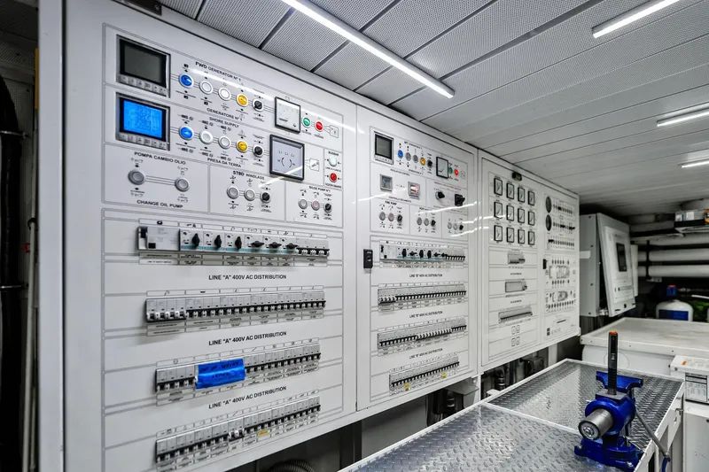 Slide: The Image of Electrical control room of 2013 AB 116 Motoryacht, featuring advanced panels and equipment. - 79