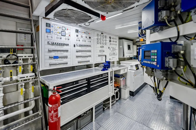 Slide: The Image of Engine room of 2013 AB 116 Motoryacht with control panels and equipment. - 82