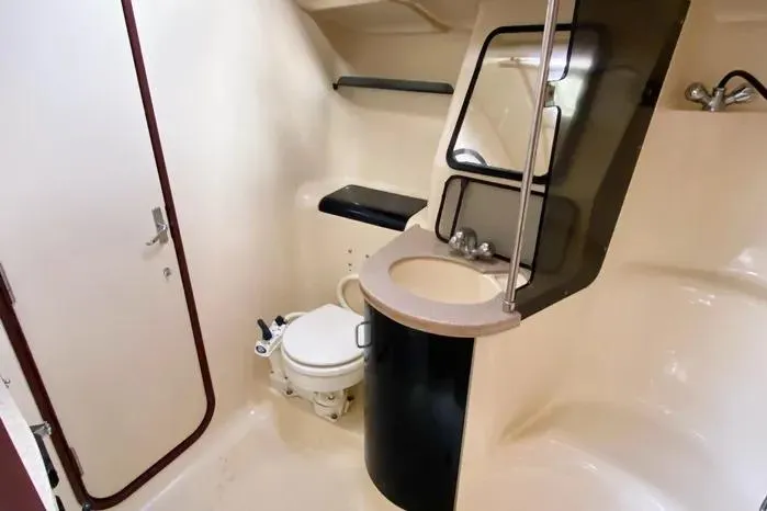 Slide: The Image of 1997 Hunter 430 yacht bathroom with toilet, sink, and shower. - 15