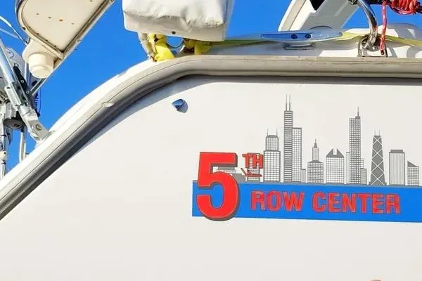 Slide: The Image of Sailboat with "5th Row Center" graphic, Hunter 430, 1997 model. - 29