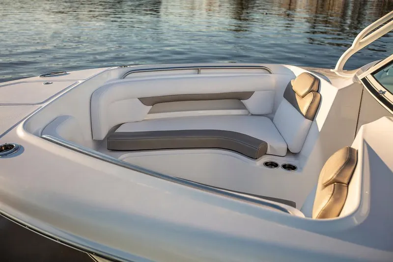 Slide: The Image of 2026 Albemarle 27 Dual Console boat interior at a boat show display. - 8