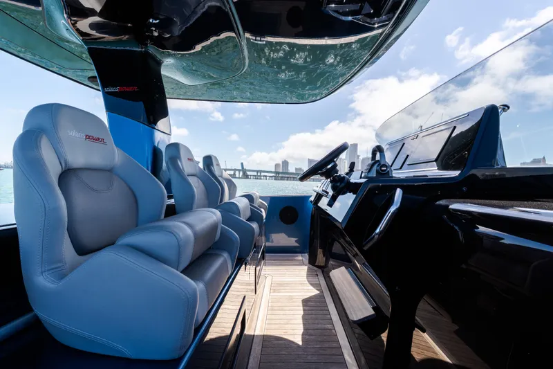 Slide: The Image of Luxurious interior of 2023 Solaris Power 44 Open yacht with sleek design and modern controls. - 46