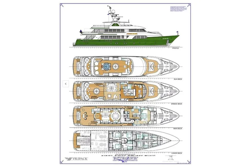 Slide: The Image of Blueprint of a 2010 custom Burger yacht with detailed deck layouts. - 60