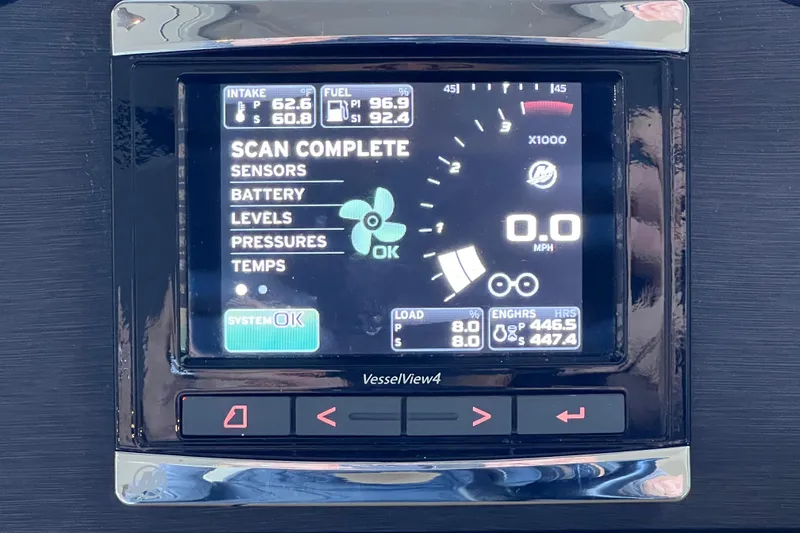 Slide: The Image of Display screen of 2017 Sea Ray Sundancer 400 showing system diagnostics and engine data. - 58