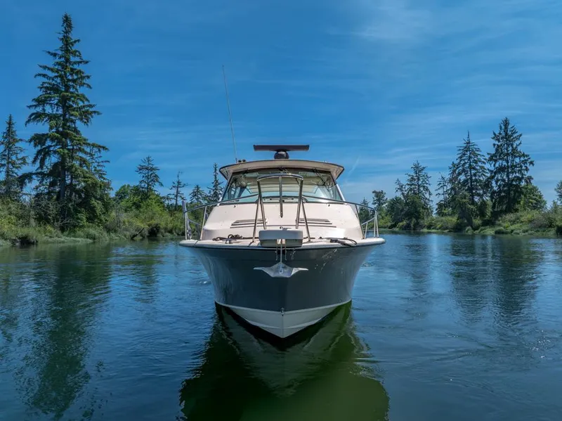 Slide: The Image of 2019 Grady-White Express boat on serene lake with lush trees and clear blue sky. - 4