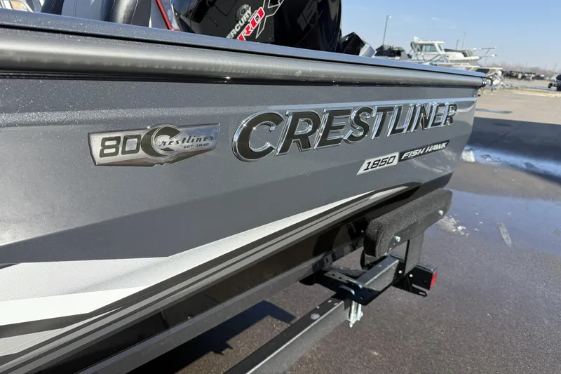 Slide: The Image of 2026 Crestliner 1850 Fish Hawk WT boat, silver exterior, parked on a trailer. - 17