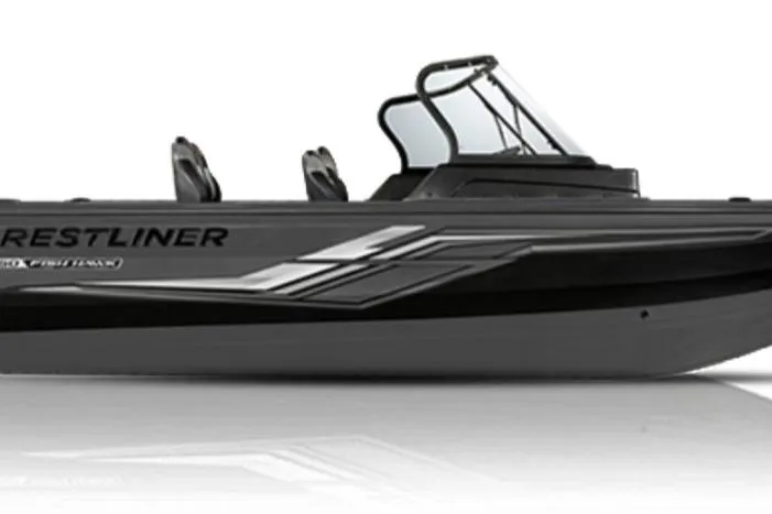 Slide: The Image of 2026 Crestliner 1850 Fish Hawk WT boat, sleek design, side view, black and gray color scheme. - 19
