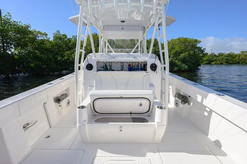 Slide: The Image of 2025 SeaVee 370Z boat interior, featuring spacious deck and modern amenities. - 9