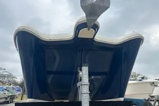 Slide: The Image of 2010 World Cat 290 DC boat, blue hull, on trailer, cloudy sky background. - 6