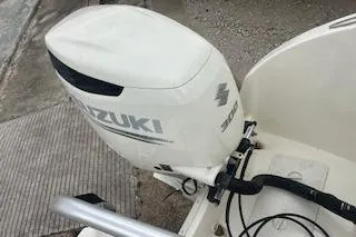 Slide: The Image of 2010 World Cat 290 DC with Suzuki 300 outboard motor, docked on concrete surface. - 8