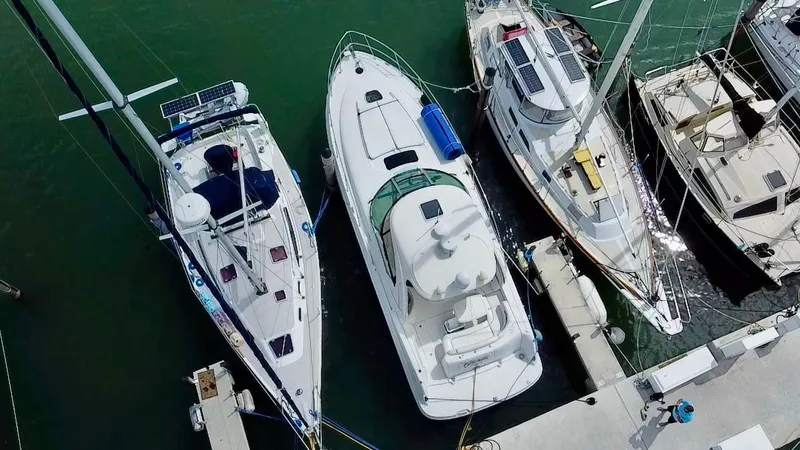 Slide: The Image of Aerial view of a 2007 Sea Ray 40 Sundancer docked among sailboats. - 3