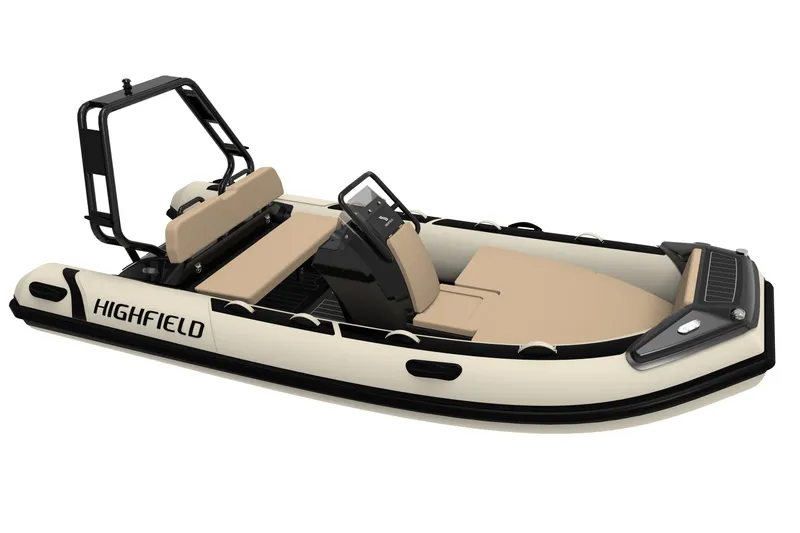Slide: The Image of 2026 Highfield Sport 420 boat, beige seating, black accents, modern design. - 10