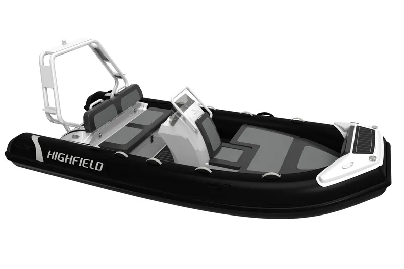 Slide: The Image of 2026 Highfield Sport 420 inflatable boat, sleek black design with modern seating and console. - 6