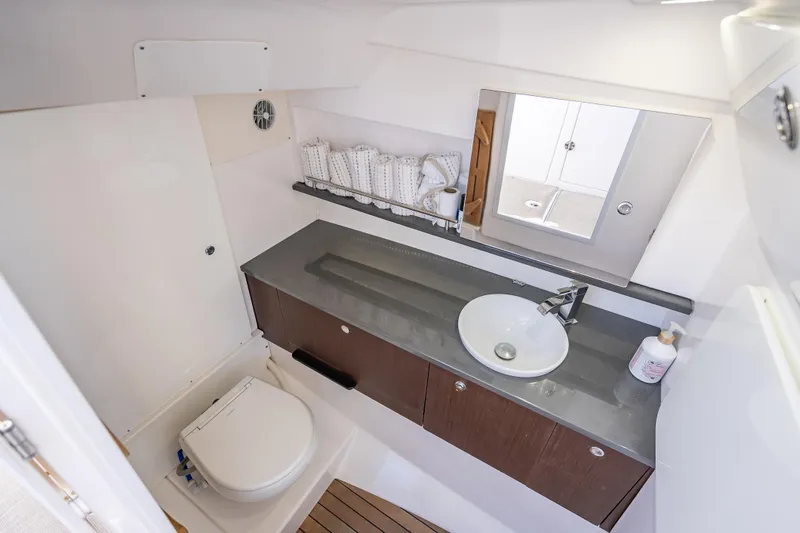 Slide: The Image of Luxurious bathroom in 2019 Everglades 340 Dual Console boat with modern fixtures. - 59
