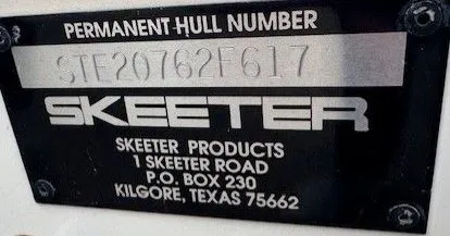 Slide: The Image of Skeeter ZX22 2017 boat plaque with hull number and manufacturer address. - 6