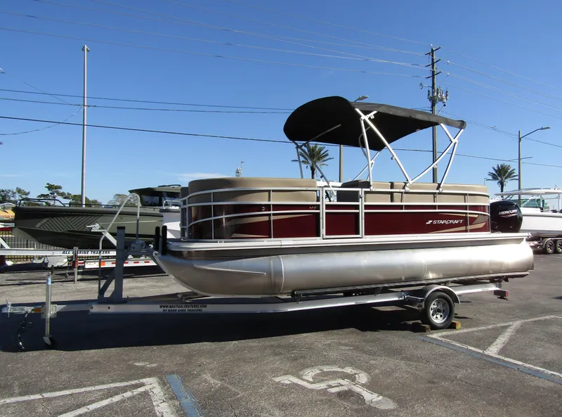 Slide: The Image of 2024 Starcraft LX 20 R pontoon boat on trailer in parking lot. - 6