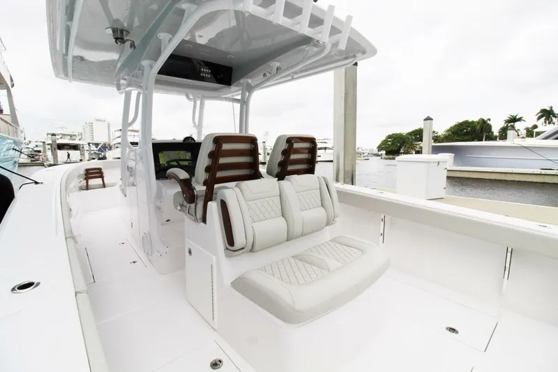 Slide: The Image of 2024 Jupiter 34 HFS boat interior with modern seating and sleek design. - 1