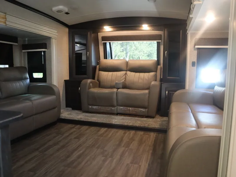 Slide: The Image of Interior of 2023 JAYCO North Point 382FLRB RV with leather sofas. - 22