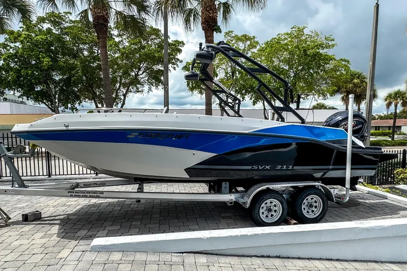 Slide: The Image of 2024 Starcraft SVX 211 OB boat on trailer, blue and white design, parked outdoors. - 2