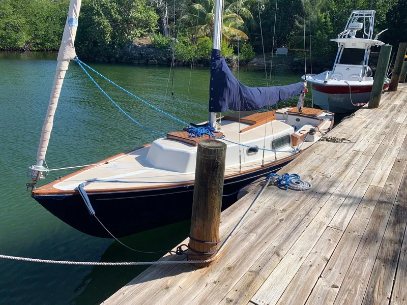 Slide: The Image of Vintage 1968 Sailboat 24 docked on a wooden pier, surrounded by lush greenery. - 0