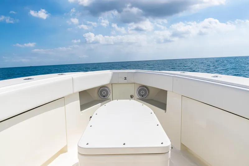 Slide: The Image of 2018 SeaVee 370Z boat deck with ocean view under blue sky. - 11