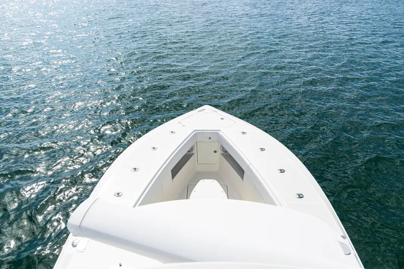 Slide: The Image of Bow view of 2018 SeaVee 370Z boat on sparkling water. - 50