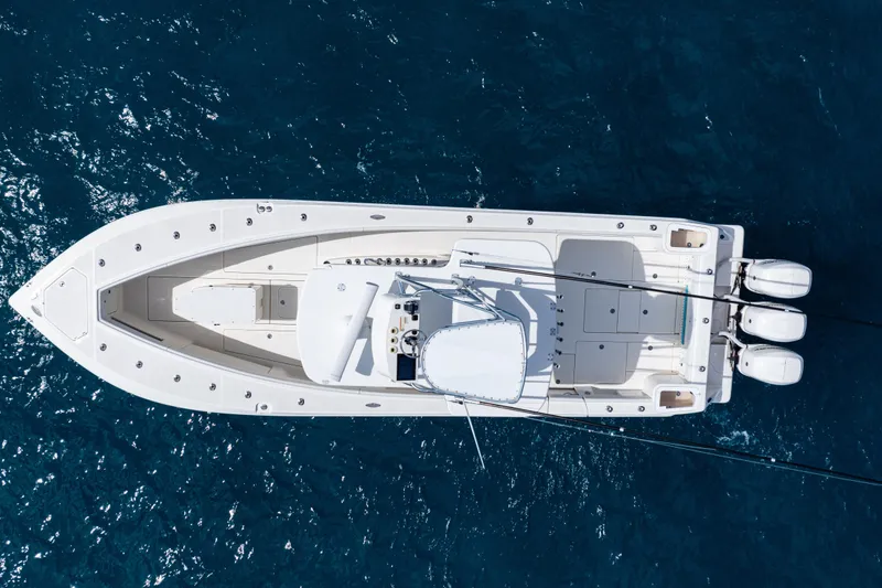 Slide: The Image of Aerial view of 2018 SeaVee 370Z boat on blue ocean water. - 62