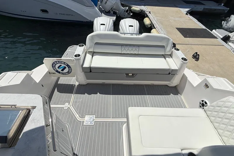 Slide: The Image of 2026 Regal 36 XO boat deck with seating and Seakeeper stabilization system. - 30