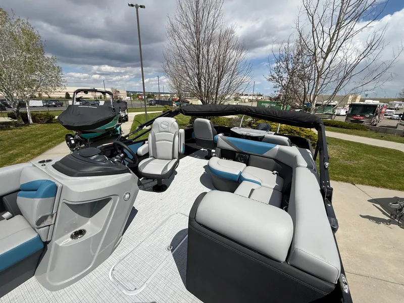 Slide: The Image of 2026 South Bay S224FCR pontoon boat with luxurious interior. - 11