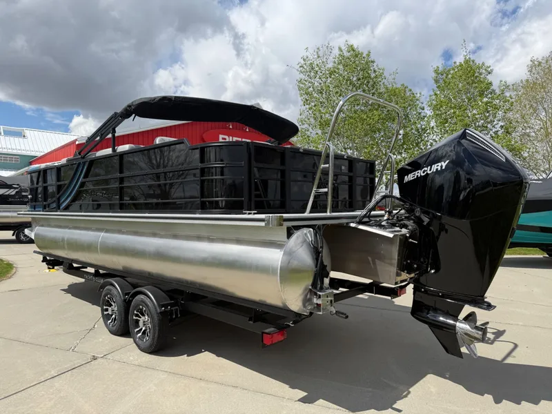 Slide: The Image of 2026 South Bay S224FCR pontoon boat with Mercury engine on trailer. - 4