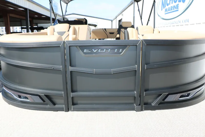 Slide: The Image of 2026 Evotti 723CS pontoon boat with sleek design and beige seating. - 25