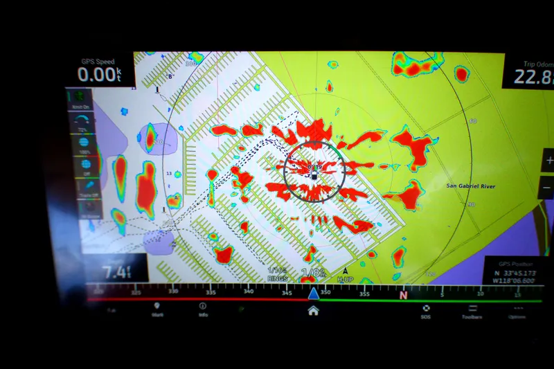 Slide: The Image of Radar display on a 2002 Sea Ray 340 Amberjack, showing San Gabriel River area. - 18