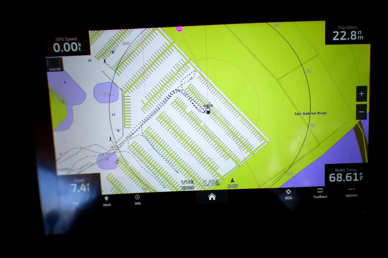 Slide: The Image of Navigation screen on 2002 Sea Ray 340 Amberjack, displaying San Gabriel River map. - 19