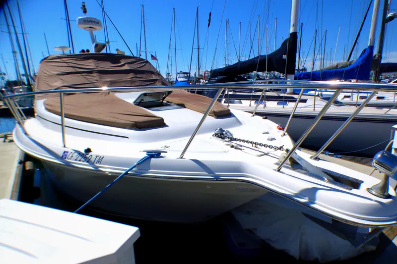 Slide: The Image of 2002 Sea Ray 340 Amberjack boat docked in marina, covered and equipped with Garmin technology. - 30